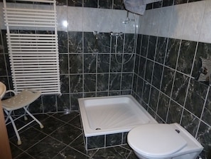 Regadera, secadora de cabello, toallas, papel de baño