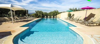 Self-catering cottage with superb views, swimming pools, playground and tennis court