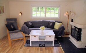 テレビ、暖炉、DVD プレーヤー