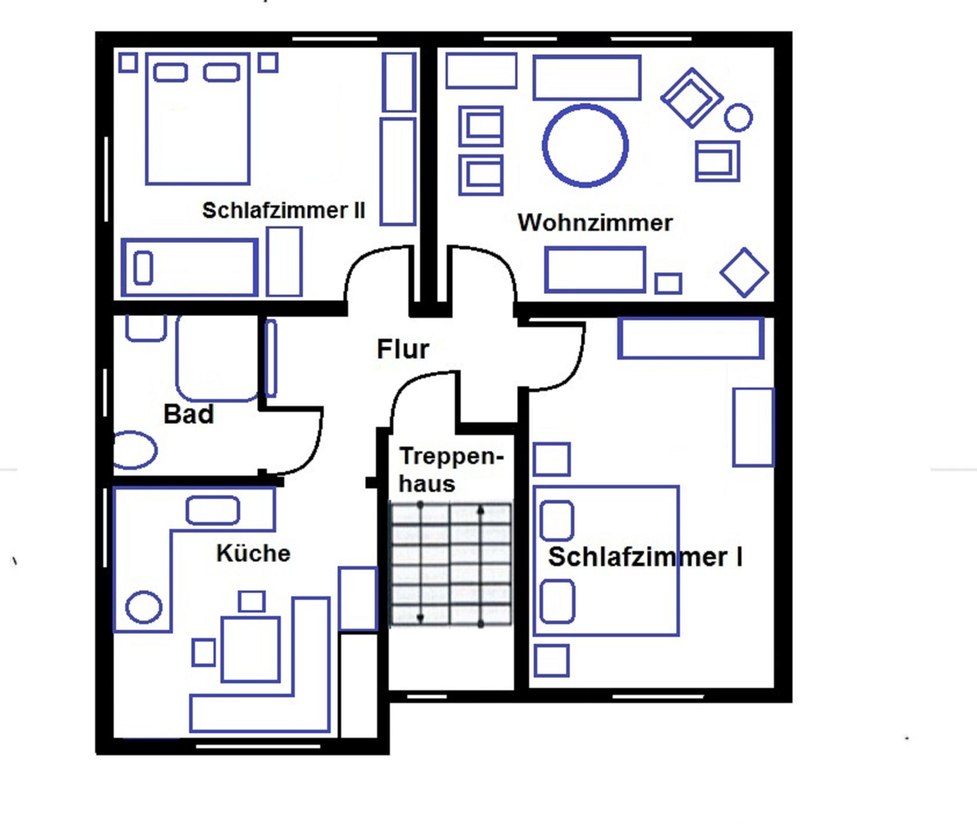 En plantegning, der viser to soveværelser, en stue, et køkken, et badeværelse og en terrasse.
