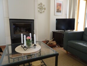 Televisión, chimenea, libros y estéreo 