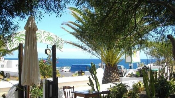 Area salotto esterna con tavoli e sedie, una palma e vista sul mare e sugli edifici sullo sfondo.