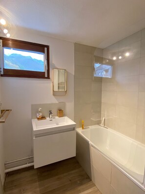 Combined shower/bathtub, hair dryer