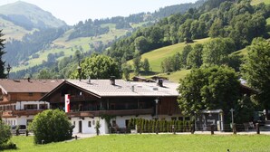 Ein traditionelles Chalet mit geneigtem Dach, umgeben von üppigen grünen Hügeln und Bäumen.