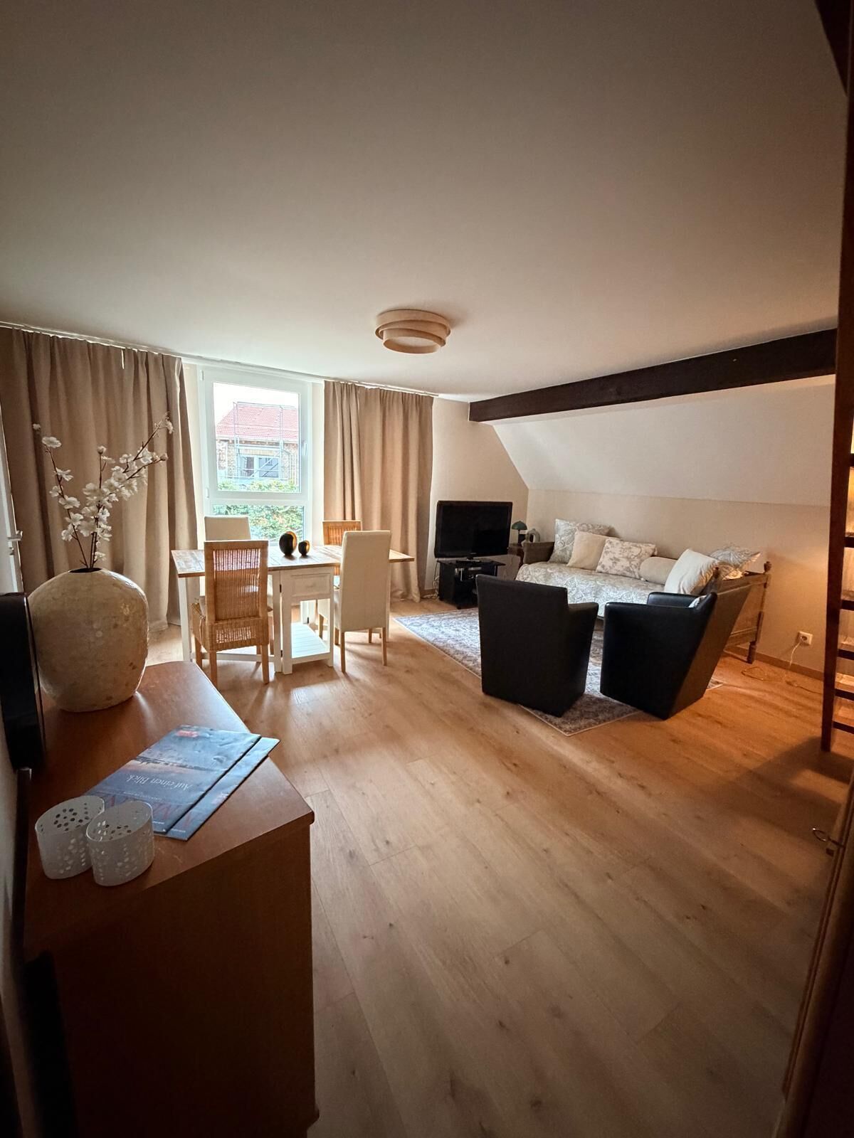 A room with a dining area, a sofa, and a TV.