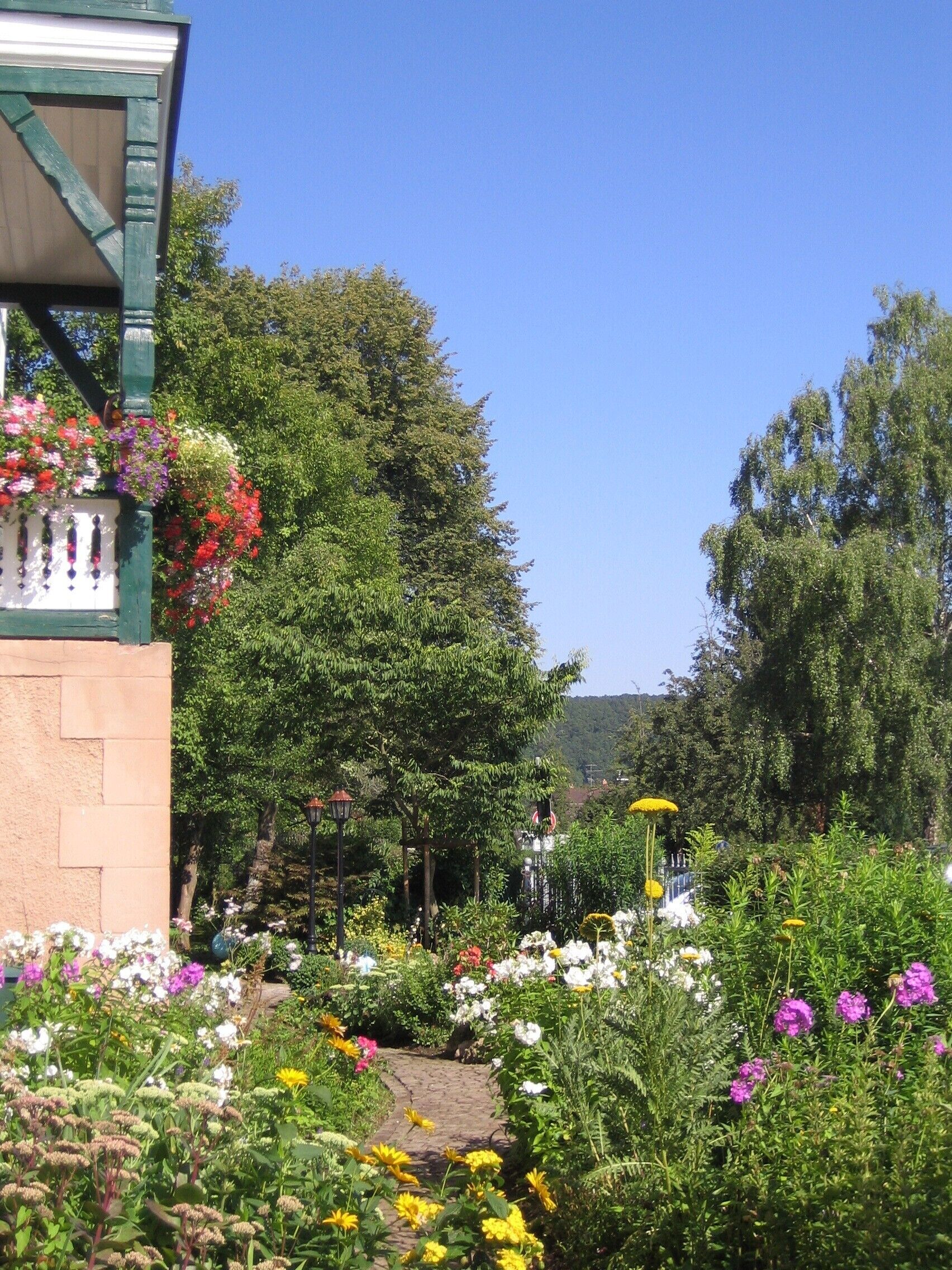 Un jardin avec un chemin de pierre, différentes plantes à fleurs et un bâtiment doté d’un toit végétalisé et de jardinières.