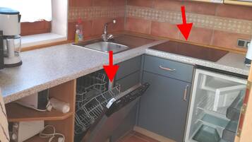 Kühlschrank, Mikrowelle, Herdplatte, Geschirrspüler