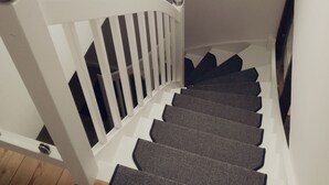 A staircase with a white railing, carpeted steps, and a skylight above.