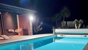 En swimmingpool med træterrasse, en væg med kaktusser og et bord med stole.