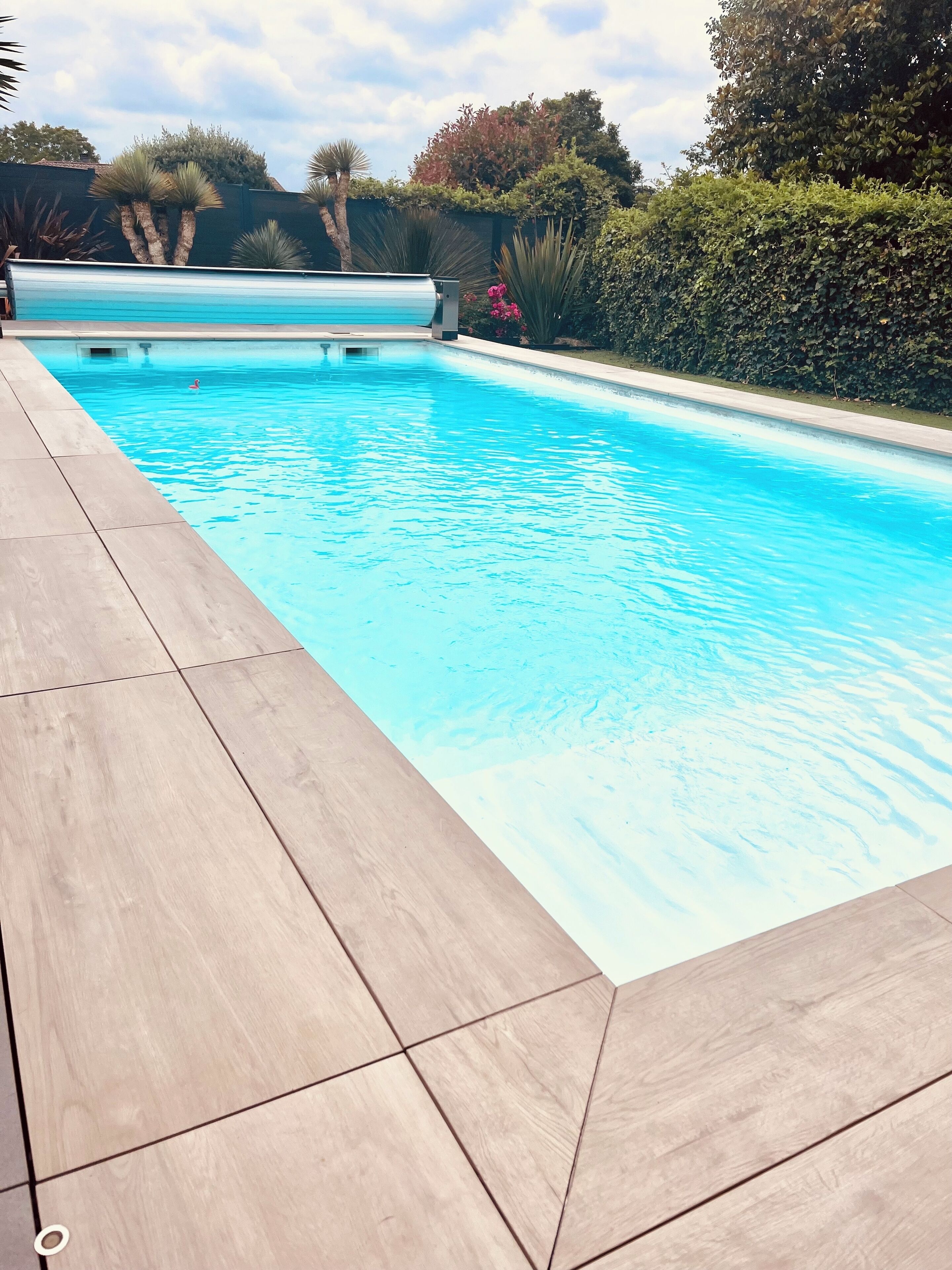 A rectangular swimming pool with clear blue water, surrounded by a wooden deck and various plants and trees.