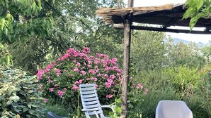 Un jardín con una silla blanca, una silla de plástico y una estructura de pérgola.