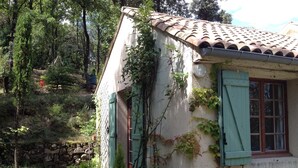 Una casa rústica con tejado de tejas, contraventanas verdes y hiedra cubriendo las paredes.
