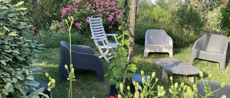 A garden with a pergola, several chairs, and flowering plants.