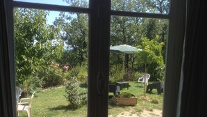 Vista a través de una ventana de un jardín con césped, una jardinera de madera con flores y mobiliario de exterior.