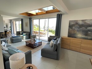 Smart TV, fireplace, DVD player, books