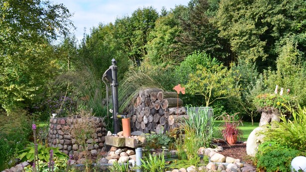 A garden with a pond, surrounded by rocks and plants. - You will find relaxation and a peaceful idyll here in the Apartment-Feldsteingarten  (Luckau (Wendland))