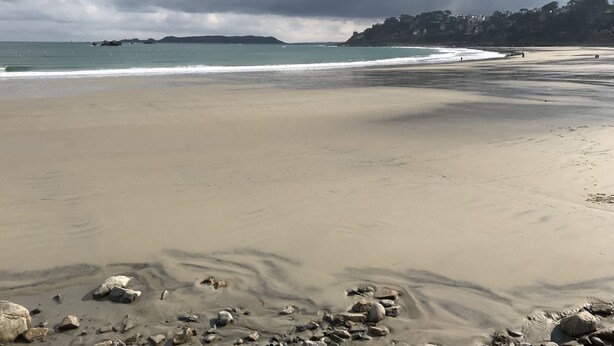 A beach with a rocky foreground, a sandy shore, and a distant view of a coastline with buildings. - Apartment *** approved 2018 - Trestraou Beach (Perros-Guirec)