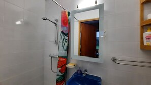 Shower, eco-friendly toiletries, hair dryer, towels