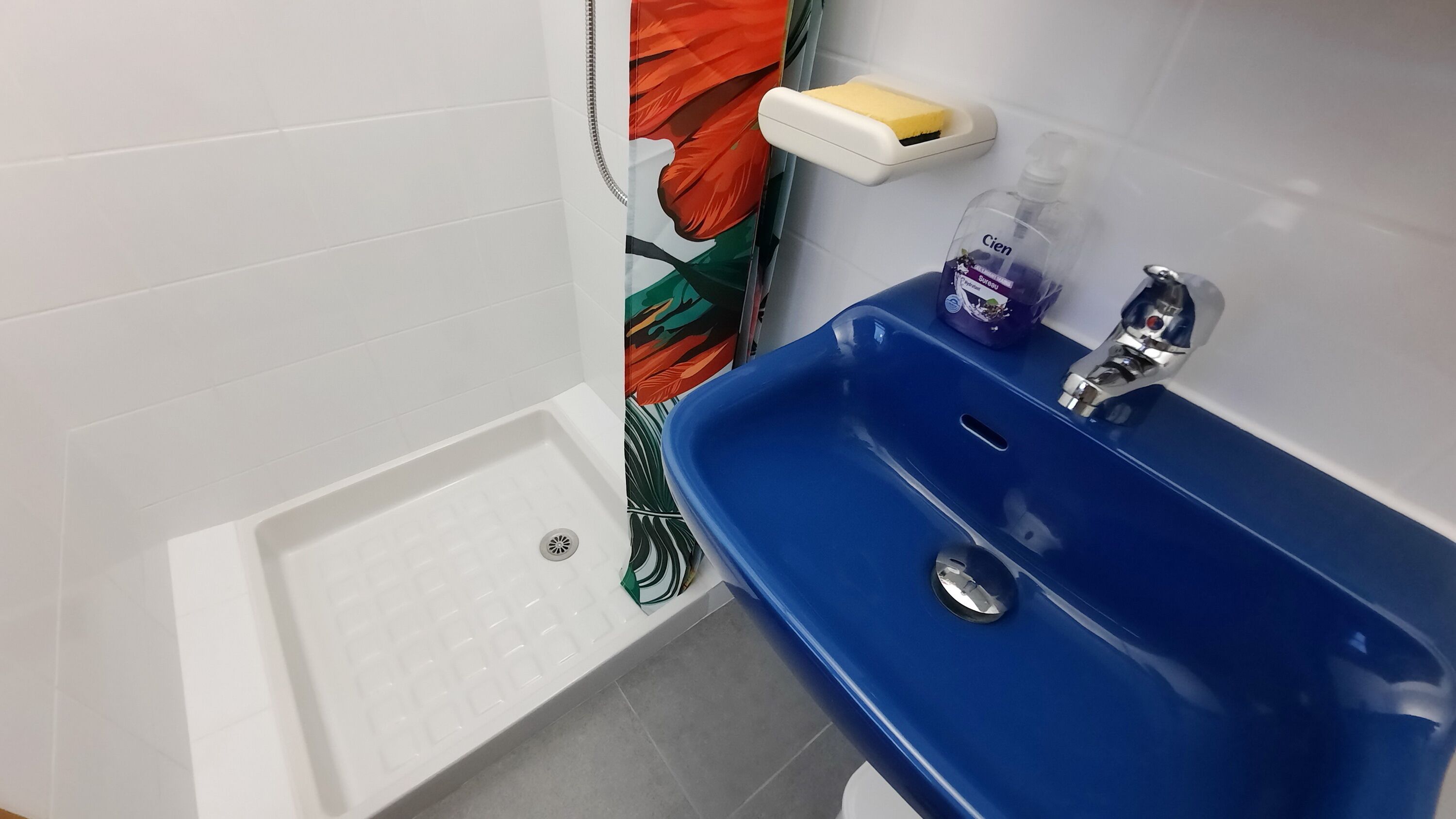 Een badkamer met een blauwe wastafel, een wit toilet en een douchehoek.