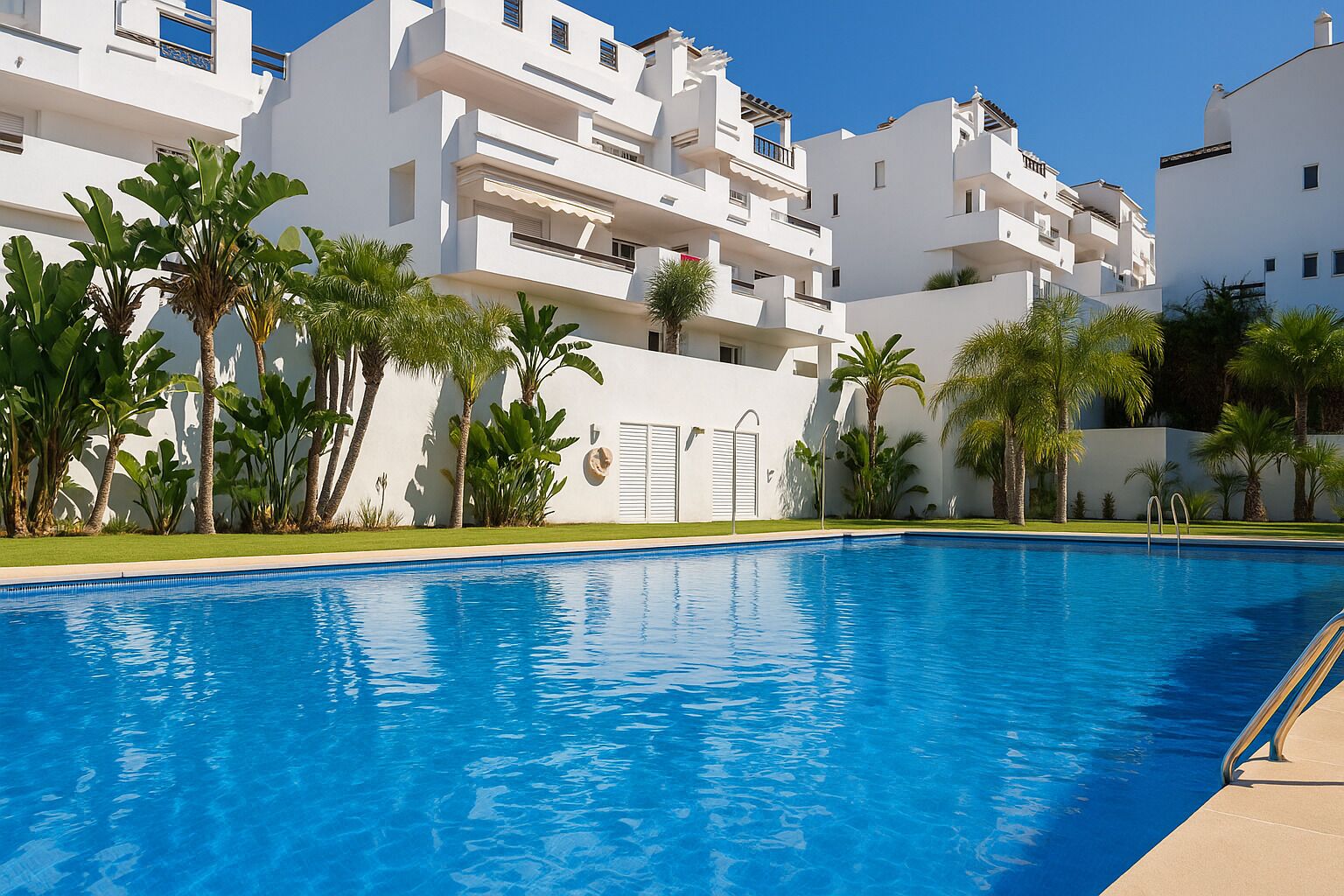 A swimming pool with a clear blue water surface, surrounded by white buildings with balconies and palm trees.