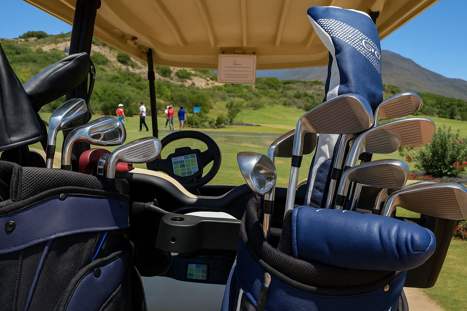 Golfauto, jossa on useita golfmailoja ja ohjauspyörä.