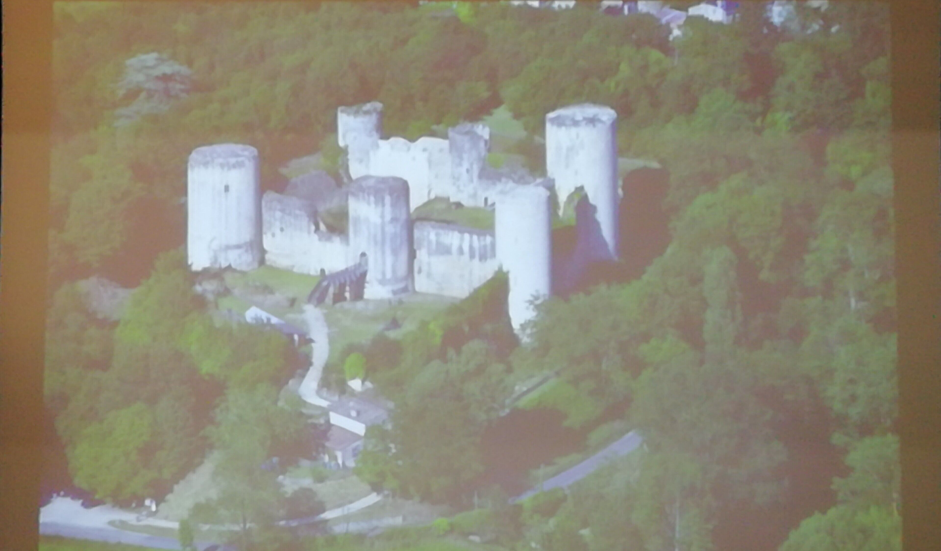 An aerial view of a castle with multiple towers and a winding road leading to it, surrounded by dense greenery.