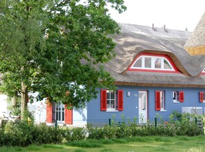 A house with a unique curved roof, red shutters, and a number 116 on the door.