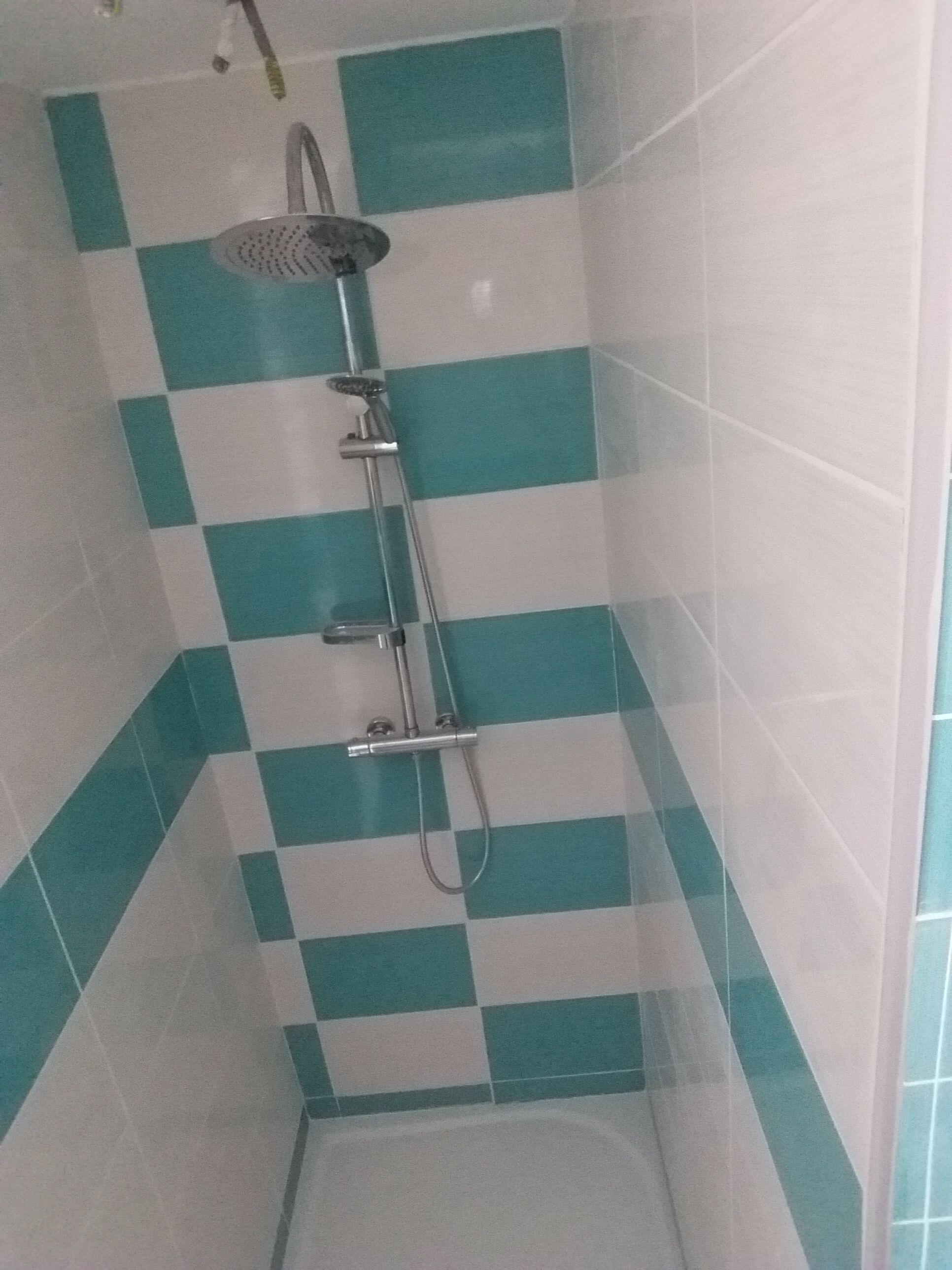 A shower with a handheld showerhead and a wall-mounted faucet.