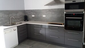 A modern kitchen with grey cabinets, a stainless steel sink, and a built-in oven. - renovated holiday home - sleeps 8 (FLAVIAC)