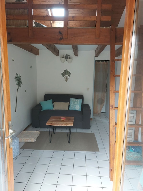 A cozy living room with a wooden ceiling, a black sofa with teal cushions, a wooden coffee table, and a small rug.