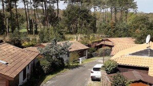 Un quartier résidentiel avec des maisons, une route et une voiture.
