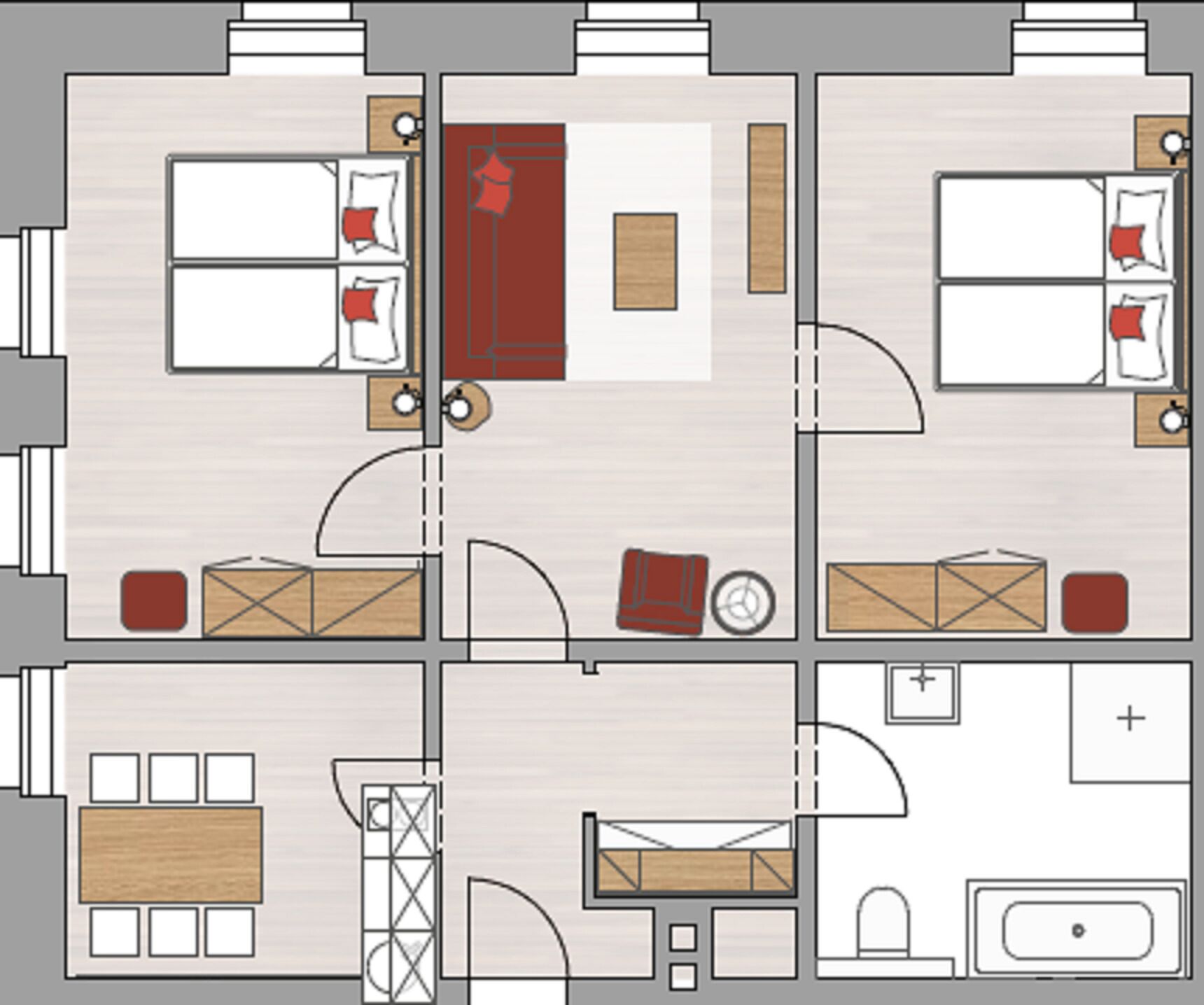 Plano de un cuarto de hotel con cama, escritorio, silla, armario y baño.