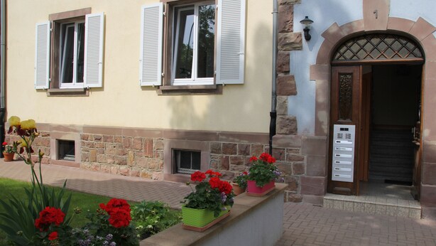 A building with stone walls, a wooden door with a number '1' above it, and potted plants with red flowers on the ground. - Colmar, close to the center, charming 3-room apartment in a quiet area (Colmar)