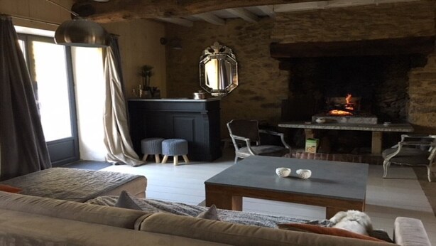 Un salon chaleureux avec une cheminée en pierre, un canapé et une table basse.