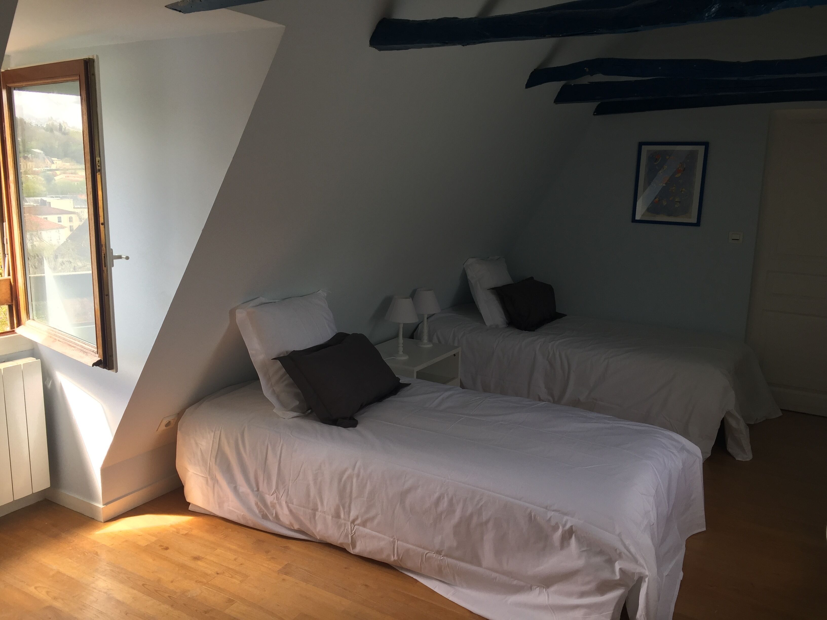A bedroom with two beds, a window, and a radiator.