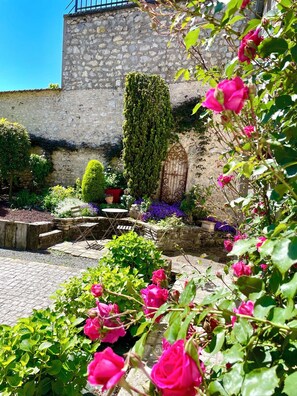 A garden with a stone wall, a wooden gate, and various plants including roses.