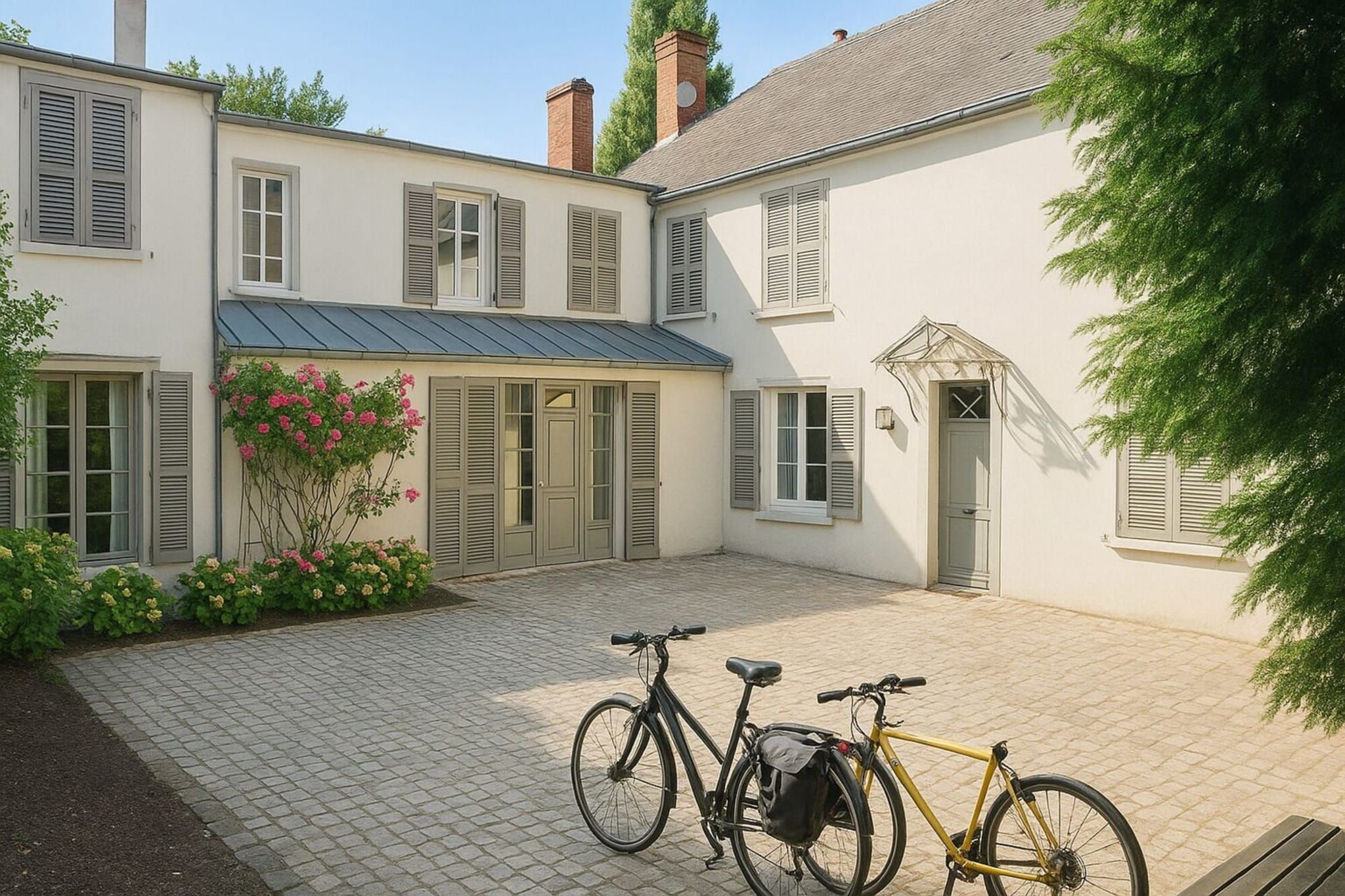 A courtyard with two bicycles parked, a building with shutters, and a flower bed with pink flowers.