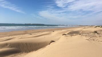 Perto da praia, espreguiçadeiras, toalhas de praia