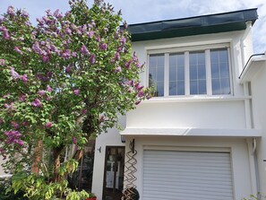 A two-story house with a white exterior, a garage with a closed shutter, and a tree with purple flowers in front. - lilac Maladière (Dijon)