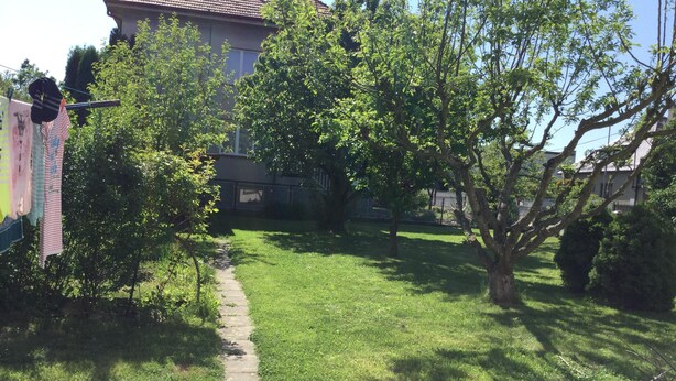 Un sendero cubierto de césped que conduce a un edificio con tejado de baldosas.