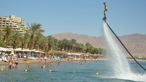 A beach with palm trees, people swimming, and a water jet ski. - Véronique luxuriou's penthouse (Eilat)