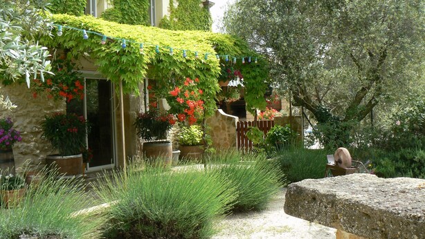 A stone building with ivy-covered walls, a wooden gate, and a variety of potted plants and flowers. - Comfortable farmhouse with private pool and festive bar for 14 people (Sérignan-Du-Comtat)