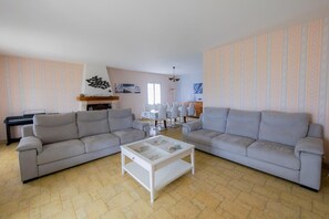 TV connectée, cheminée, lecteur de DVD, livres