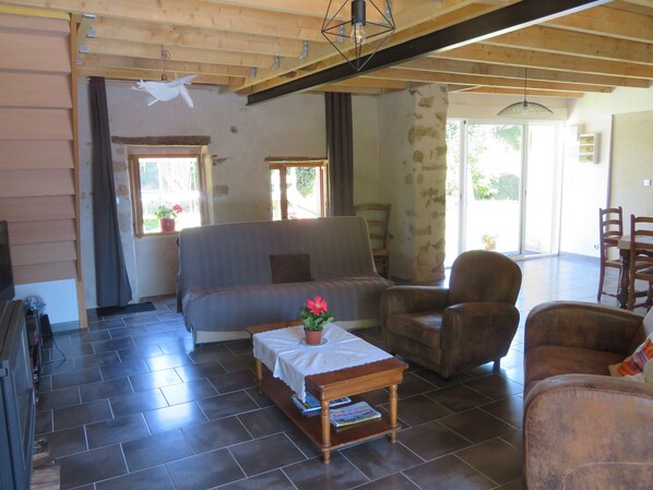 TV, fireplace, DVD player, books