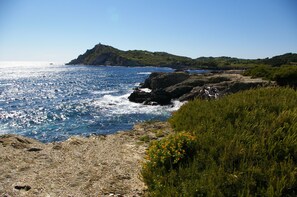 A coastal landscape with rocky terrain and greenery.
