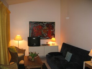 Fernseher, DVD-Player, Bücher, Stereoanlage