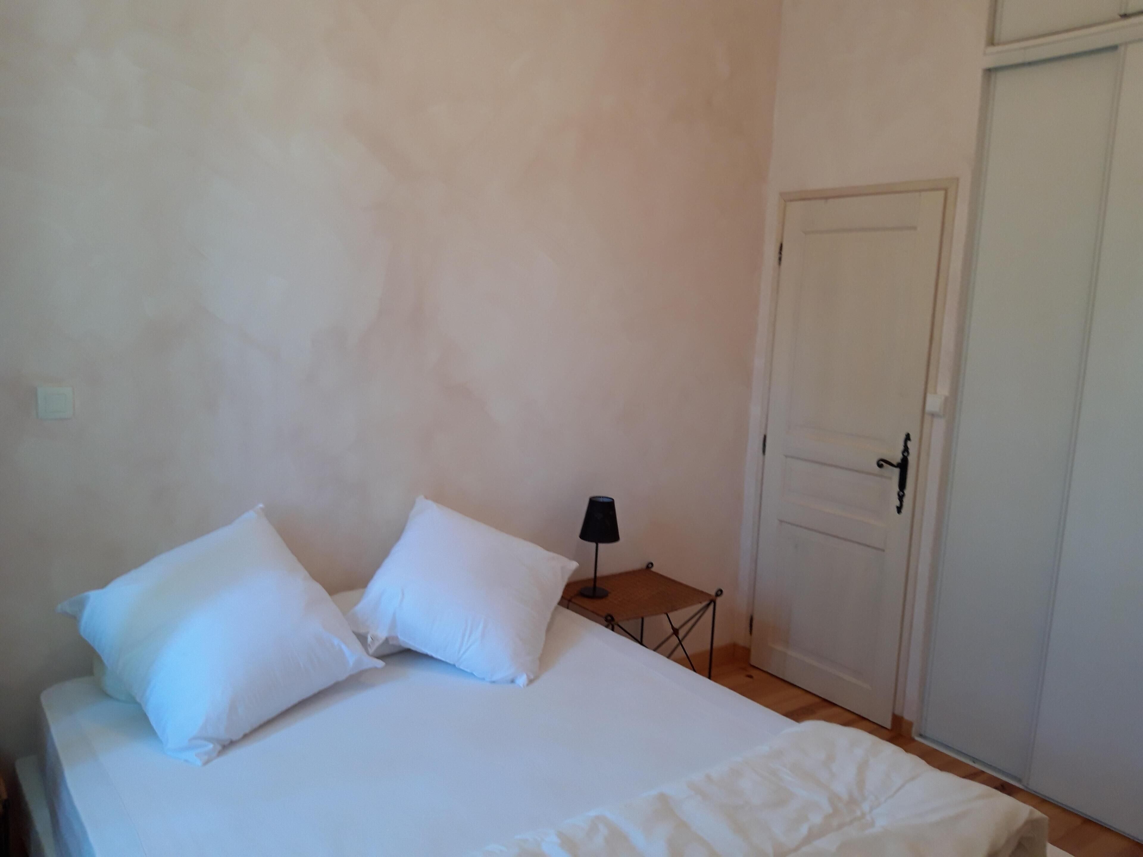 Un dormitorio con cama, dos almohadas, una mesita de noche con lámpara y una puerta.