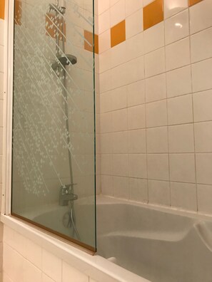 A glass-enclosed shower with a handheld showerhead and a handheld faucet.