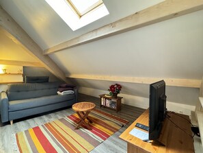 Ein gemütliches Schlafzimmer im Loft-Stil mit schrägem Dach, einer Couch, einem kleinen Holztisch mit Topfpflanze und einem Fernseher auf einem Holzboden.