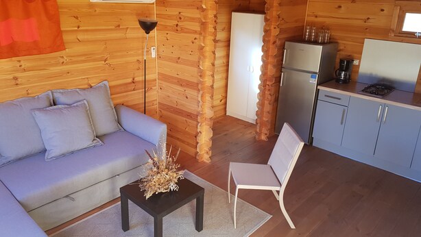 Ein gemütliches Blockhäuschen-Interieur mit einer Couch, einem Sessel, einem kleinen Tisch mit einer Vase, einem Kühlschrank, einem Herd und einem Fenster.